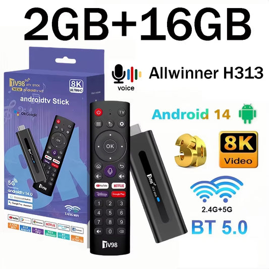 TV98 ATV Smart TV Stick Android 14 ATV Allwinner H313 Support 4G 5G Wifi HD 4K 8K TV Box BT5.0 2GB 16GB Voice Remote TV Box