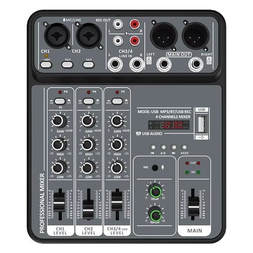 4 Channel Audio Mixer 48V Phantom Power USB Studio Sound Mixers Bluetooth DJ Console Mixing for Karaok