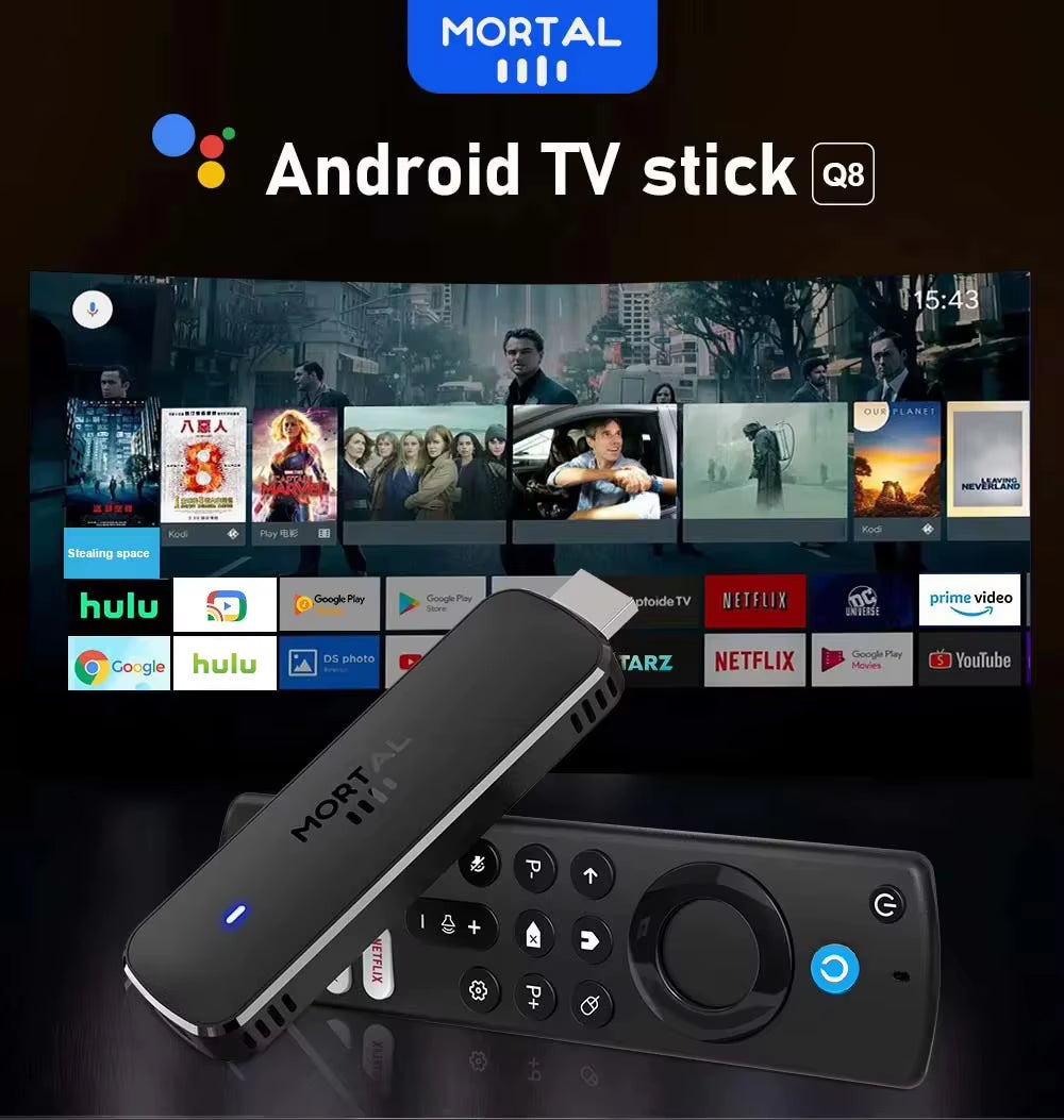 Mortal Android 14 TV Stick Full HD 4K 1080P Wifi 6 Google Voice NETFLIX Youtube Q8 BT5 24Fps Wireless Video Decode Media Player
