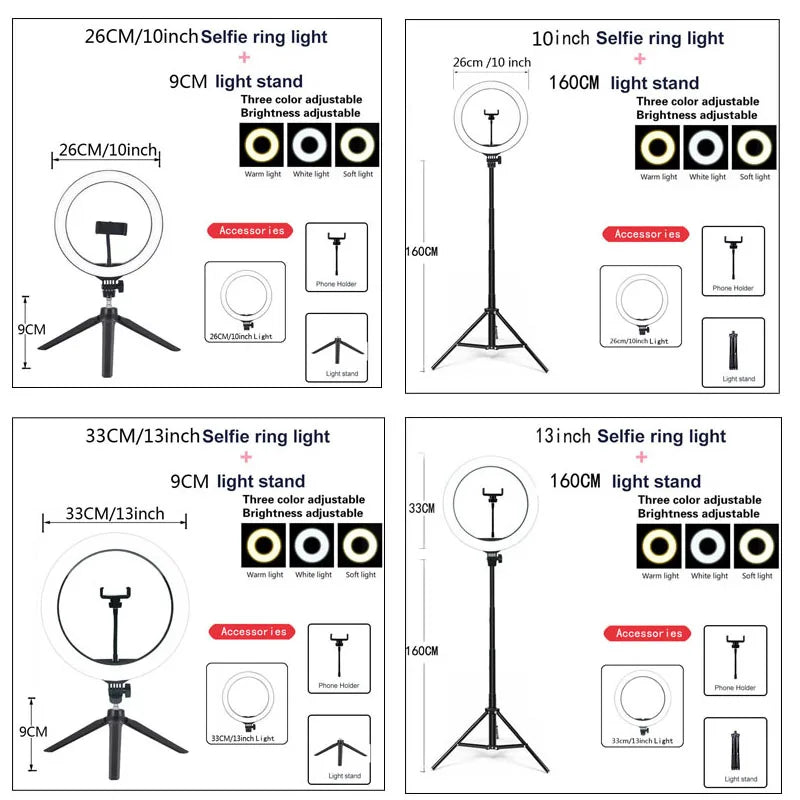 26 33CM Video Lights Dimmable Light Selfie LED Ring Light USB Ring Lighting Lamp with Tripod Stand to Make Youtube Ringlight