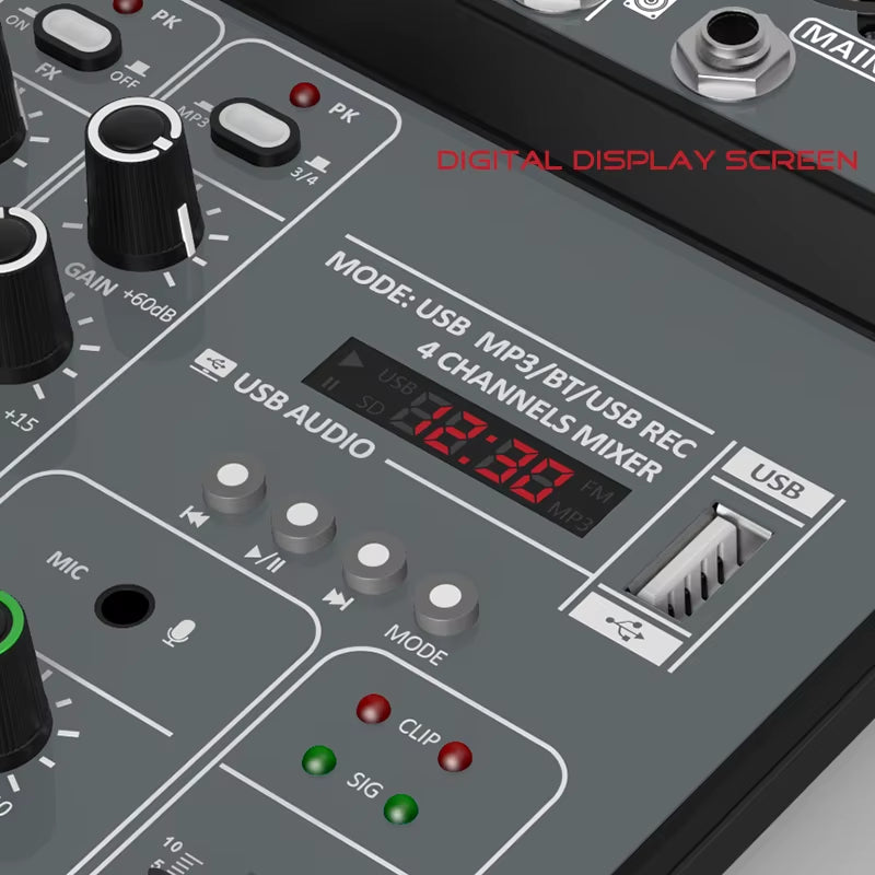 4 Channel Audio Mixer 48V Phantom Power USB Studio Sound Mixers Bluetooth DJ Console Mixing for Karaok