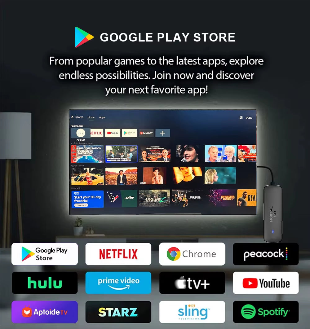 Mortal Android 14 TV Stick Full HD 4K 1080P Wifi 6 Google Voice NETFLIX Youtube Q8 BT5 24Fps Wireless Video Decode Media Player