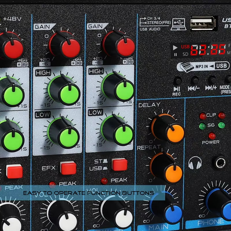 4 Channel Mixer DJ Mixing Console with Bluetooth 48V Phantom Power Monitor Karaoke System USB Mixer Audio