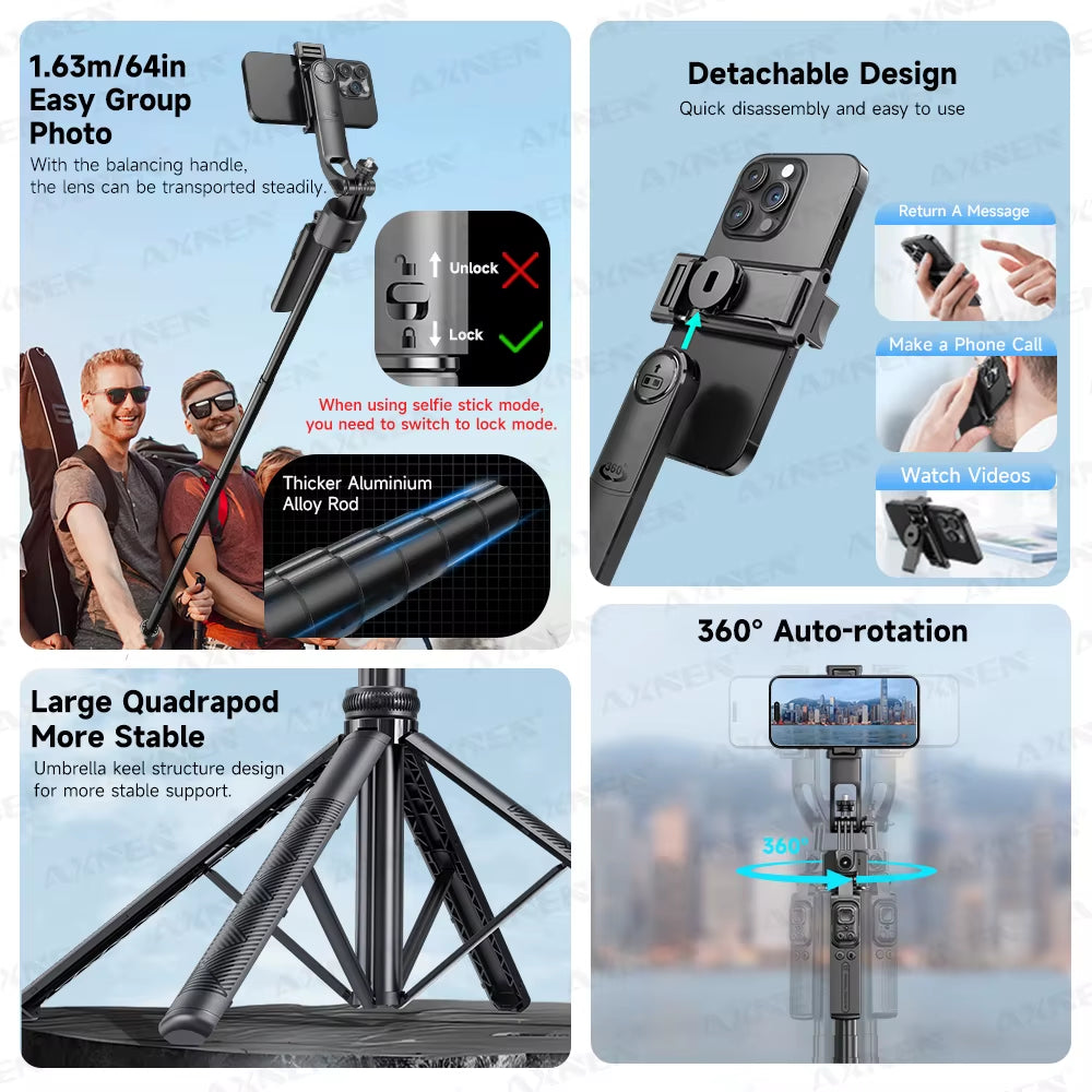 1630Mm/64In C17 Tripod Selfie Stick 360° Auto Rotation Shooting Quadruped Phone Stand Face Track Bluetooth Remote Control Tripie