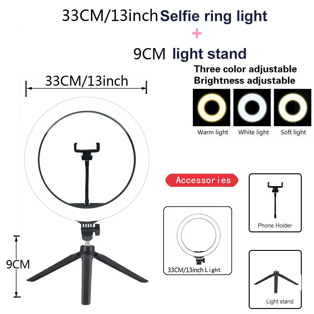 26 33CM Video Lights Dimmable Light Selfie LED Ring Light USB Ring Lighting Lamp with Tripod Stand to Make Youtube Ringlight