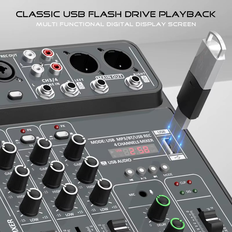 4 Channel Audio Mixer 48V Phantom Power USB Studio Sound Mixers Bluetooth DJ Console Mixing for Karaok