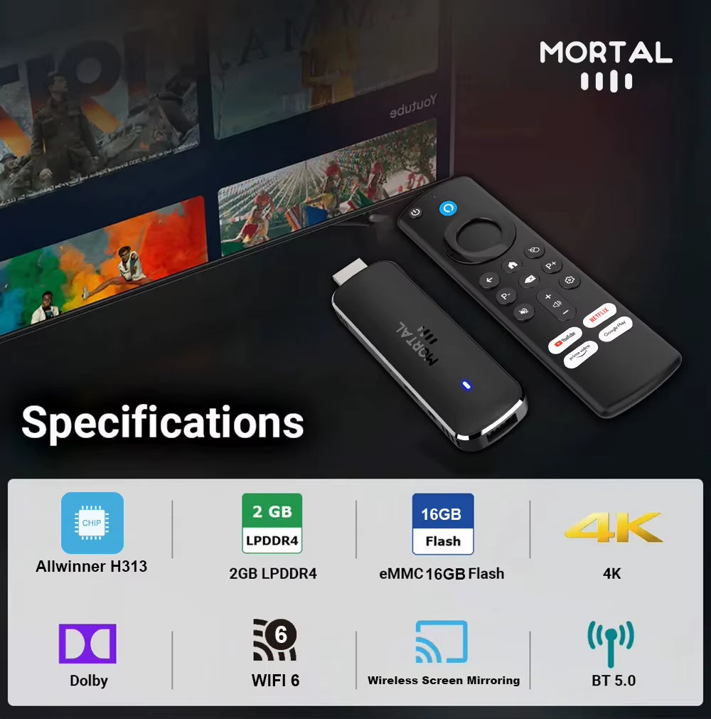 Mortal Android 14 TV Stick Full HD 4K 1080P Wifi 6 Google Voice NETFLIX Youtube Q8 BT5 24Fps Wireless Video Decode Media Player
