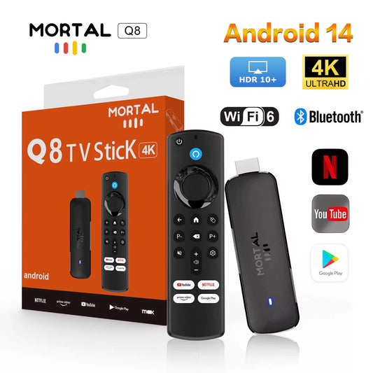 Mortal Android 14 TV Stick Full HD 4K 1080P Wifi 6 Google Voice NETFLIX Youtube Q8 BT5 24Fps Wireless Video Decode Media Player