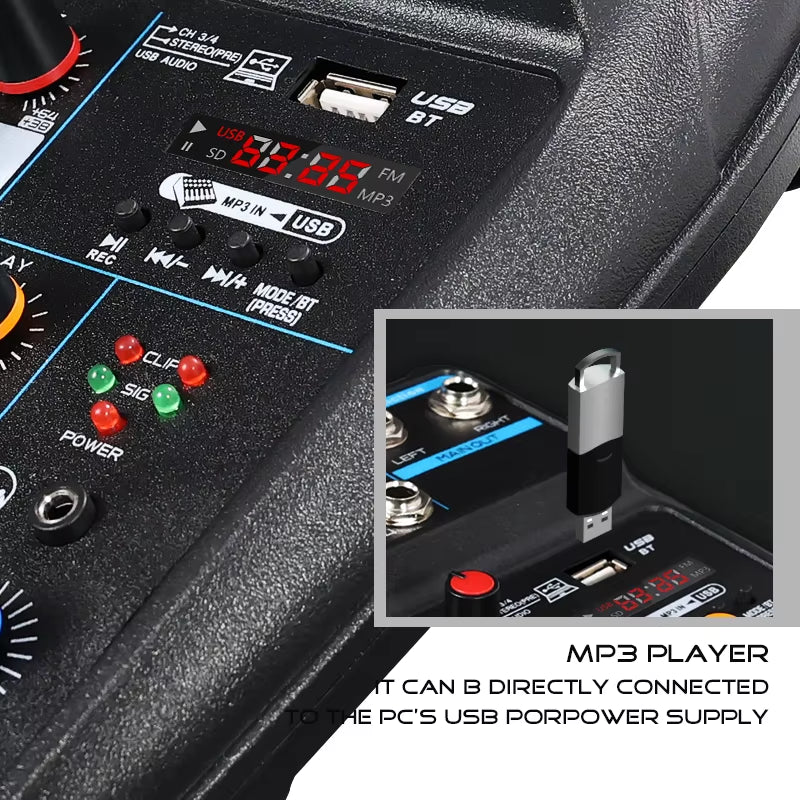 4 Channel Mixer DJ Mixing Console with Bluetooth 48V Phantom Power Monitor Karaoke System USB Mixer Audio