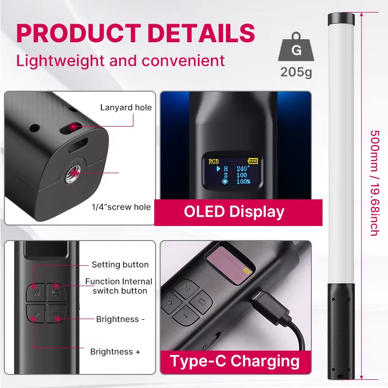 VL119 Handheld RGB Colorful Stick Light 19.68 Inch Handheld LED Light Wand CRI 95+ 2500K-9000K Photography Studio Lamp
