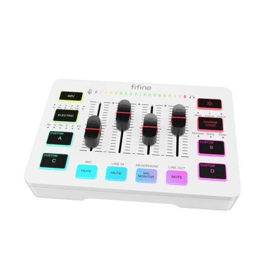 FIFINE AmpliGame SC3 RGB gaming and streaming audio mixer in white