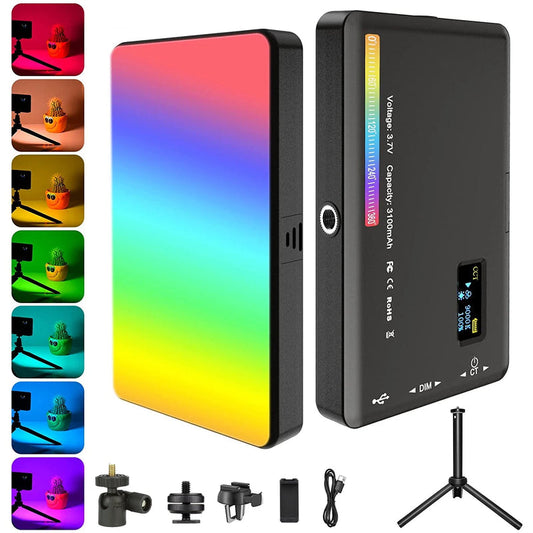 RGB LED camera light with adjustable 2500K to 9000K color temperature and full-color output